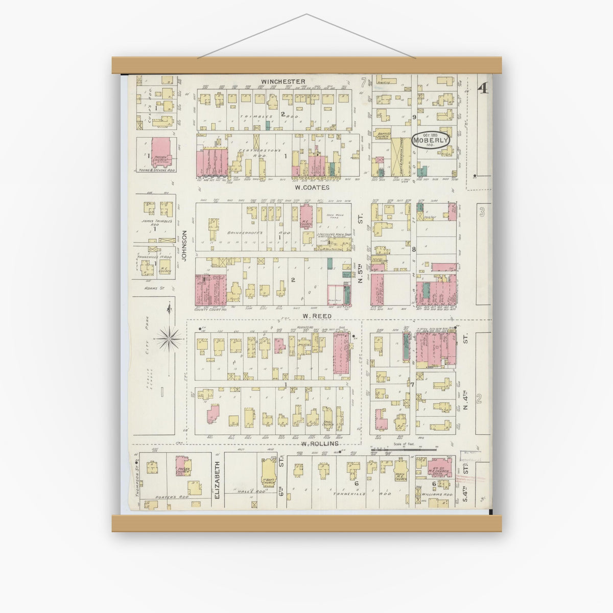 Old map wall art mockup — magnetic wood frame on white wall — Sanborn Fire Insurance Map from Moberly, Randolph County, Missouri (1893), Sheet #0004