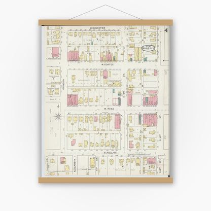 Old map wall art mockup — magnetic wood frame on white wall — Sanborn Fire Insurance Map from Moberly, Randolph County, Missouri (1893), Sheet #0004