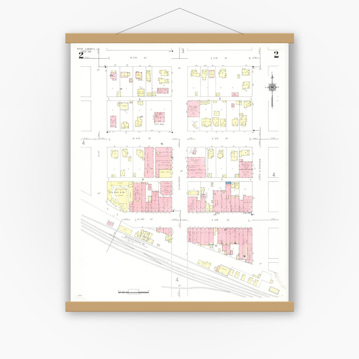 Old map wall art mockup — magnetic wood frame on white wall — Sanborn Fire Insurance Map from West Liberty, Muscatine County, Iowa (1941), Sheet #0002