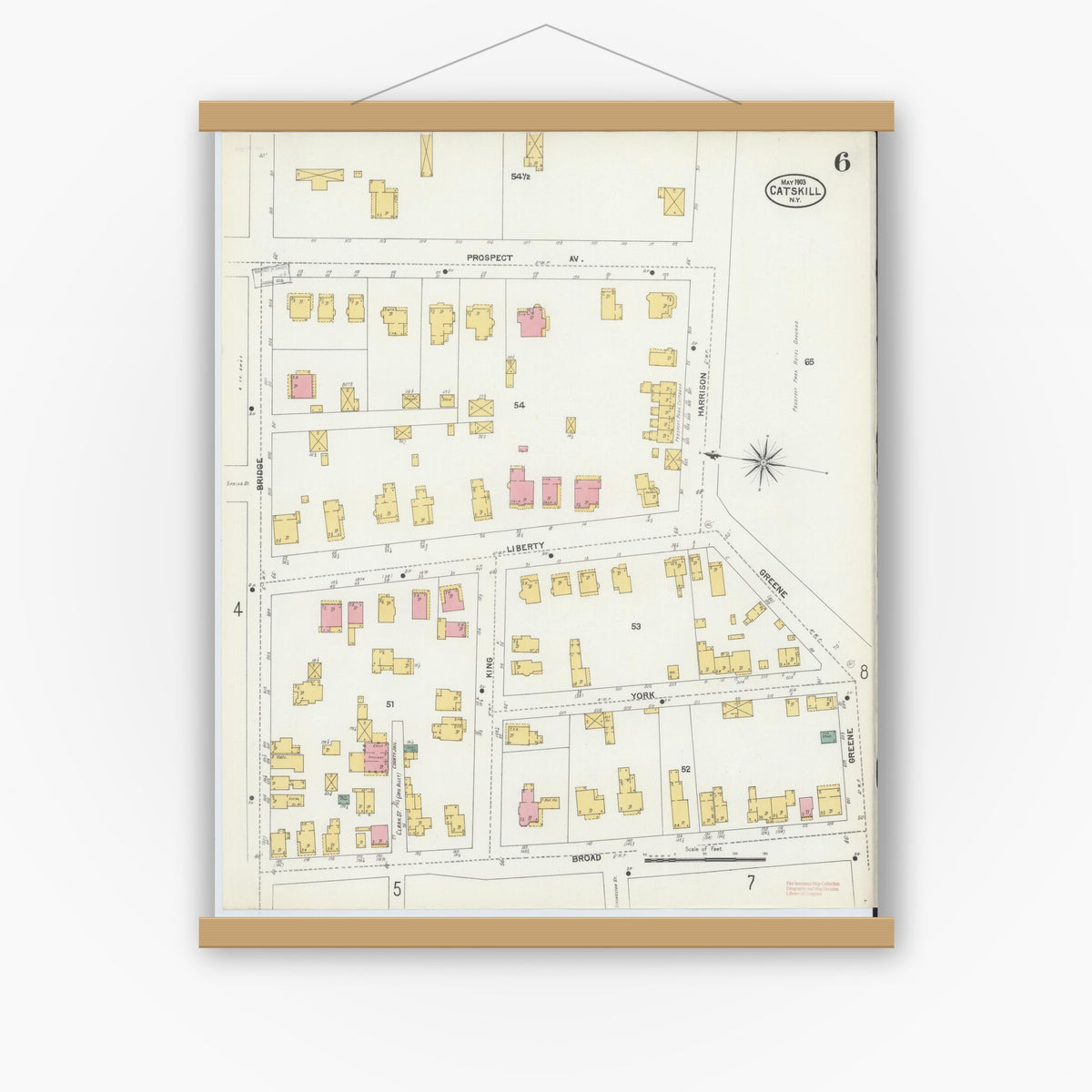 Old map wall art mockup — magnetic wood frame on white wall — Sanborn Fire Insurance Map from Catskill, Greene County, New York (1903), Sheet #0006
