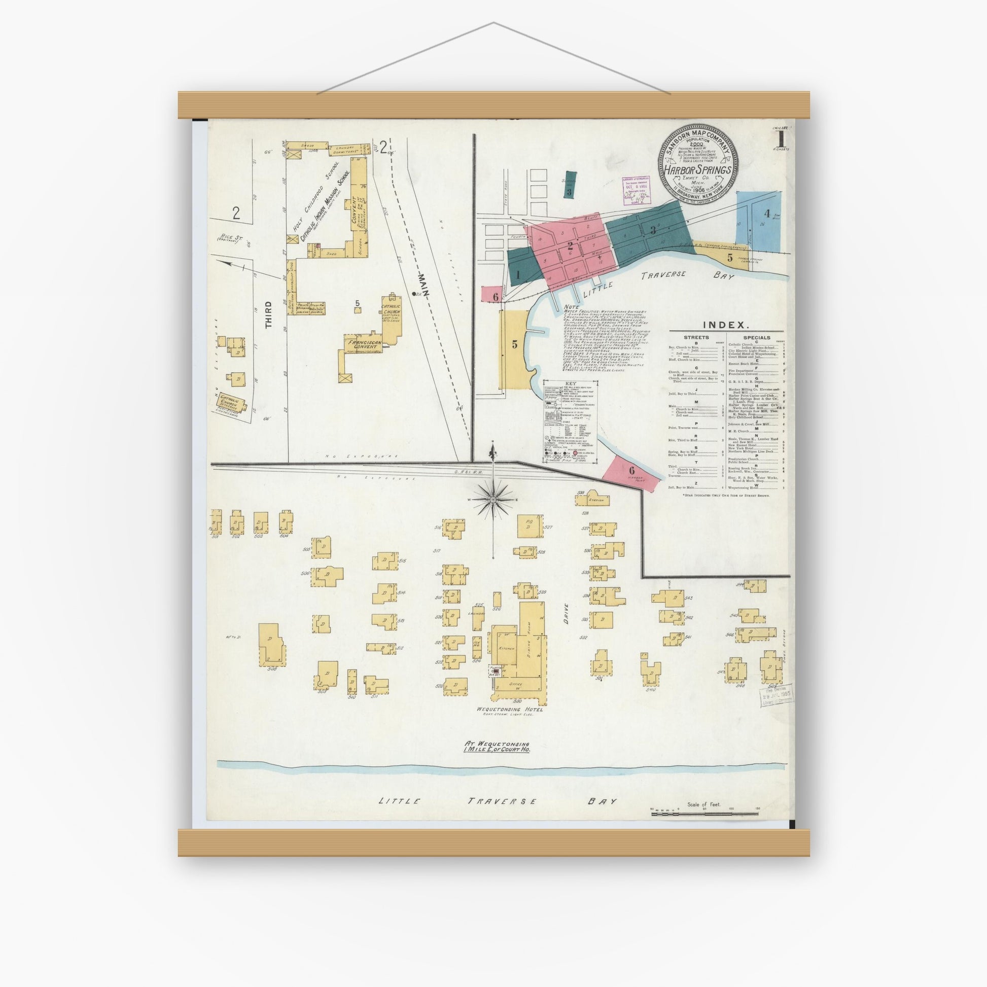 Old map wall art mockup — magnetic wood frame on white wall — Sanborn Fire Insurance Map from Harbor Springs, Emmet County, Michigan (1906), Sheet #0001