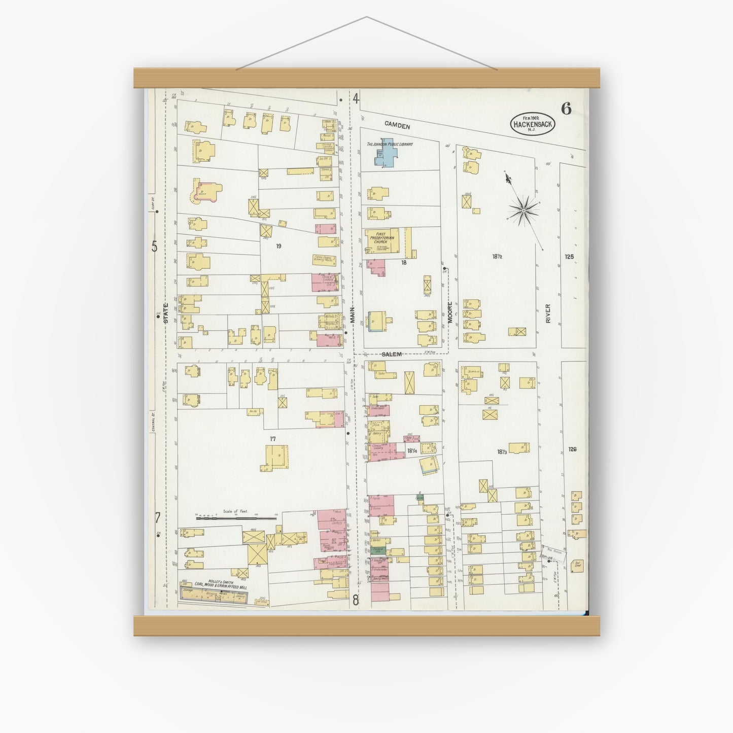Old map wall art mockup — magnetic wood frame on white wall — Sanborn Fire Insurance Map from Hackensack, Bergen County, New Jersey (1902), Sheet #0006