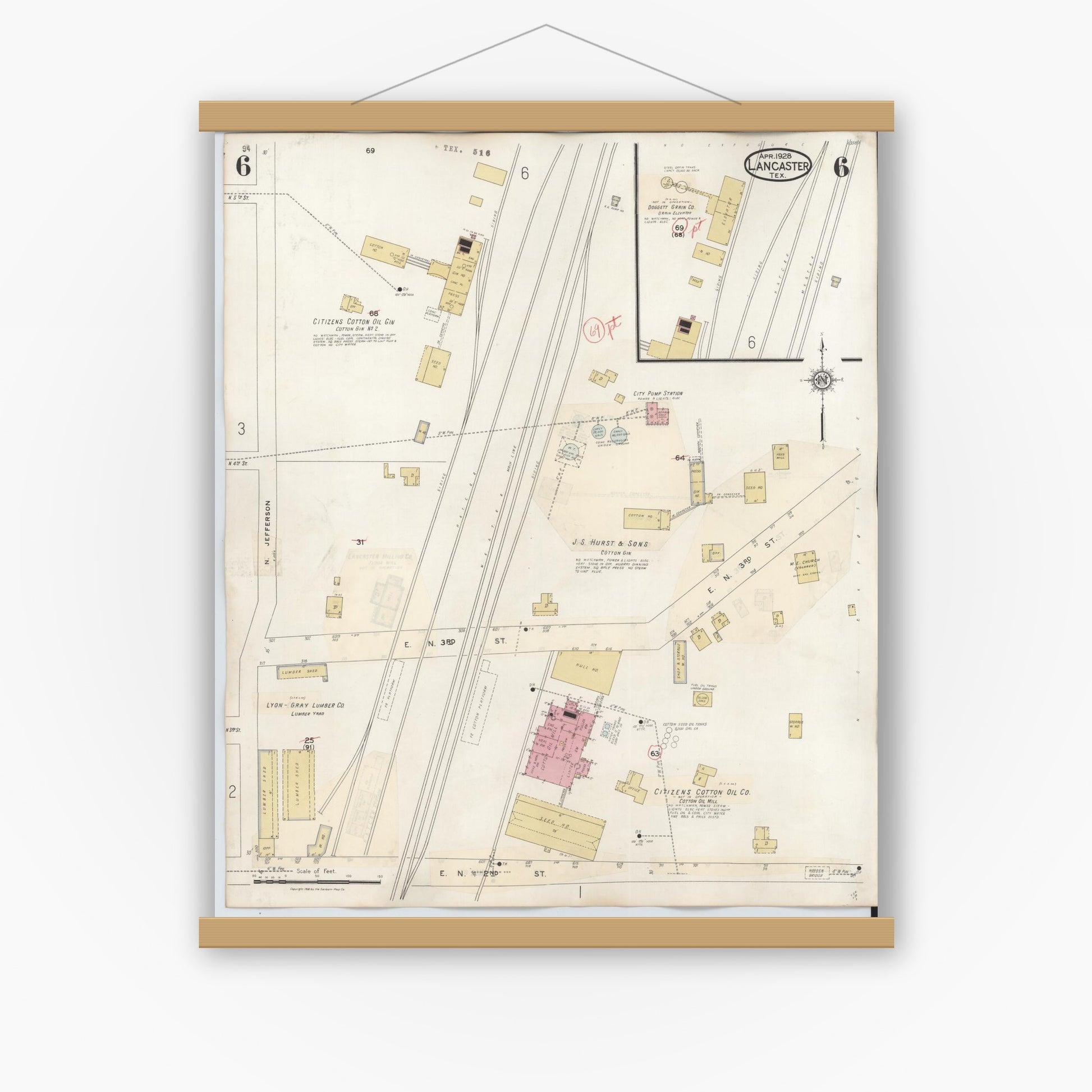 Old map wall art mockup — magnetic wood frame on white wall — Sanborn Fire Insurance Map from Lancaster, Dallas County, Texas (1939), Sheet #0006