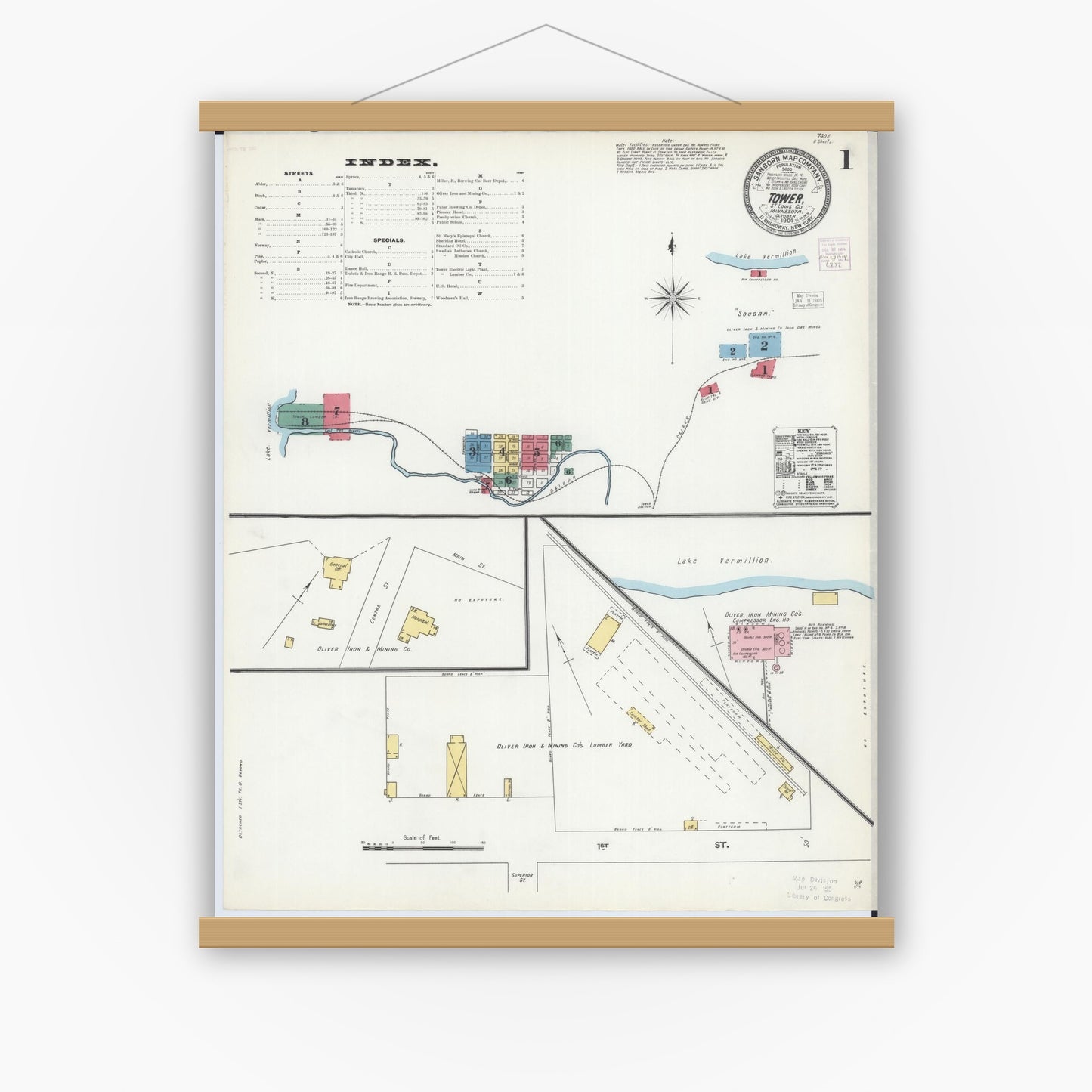 Old map wall art mockup — magnetic wood frame on white wall — Sanborn Fire Insurance Map from Tower, Saint Louis County, Minnesota (1904), Sheet #0001