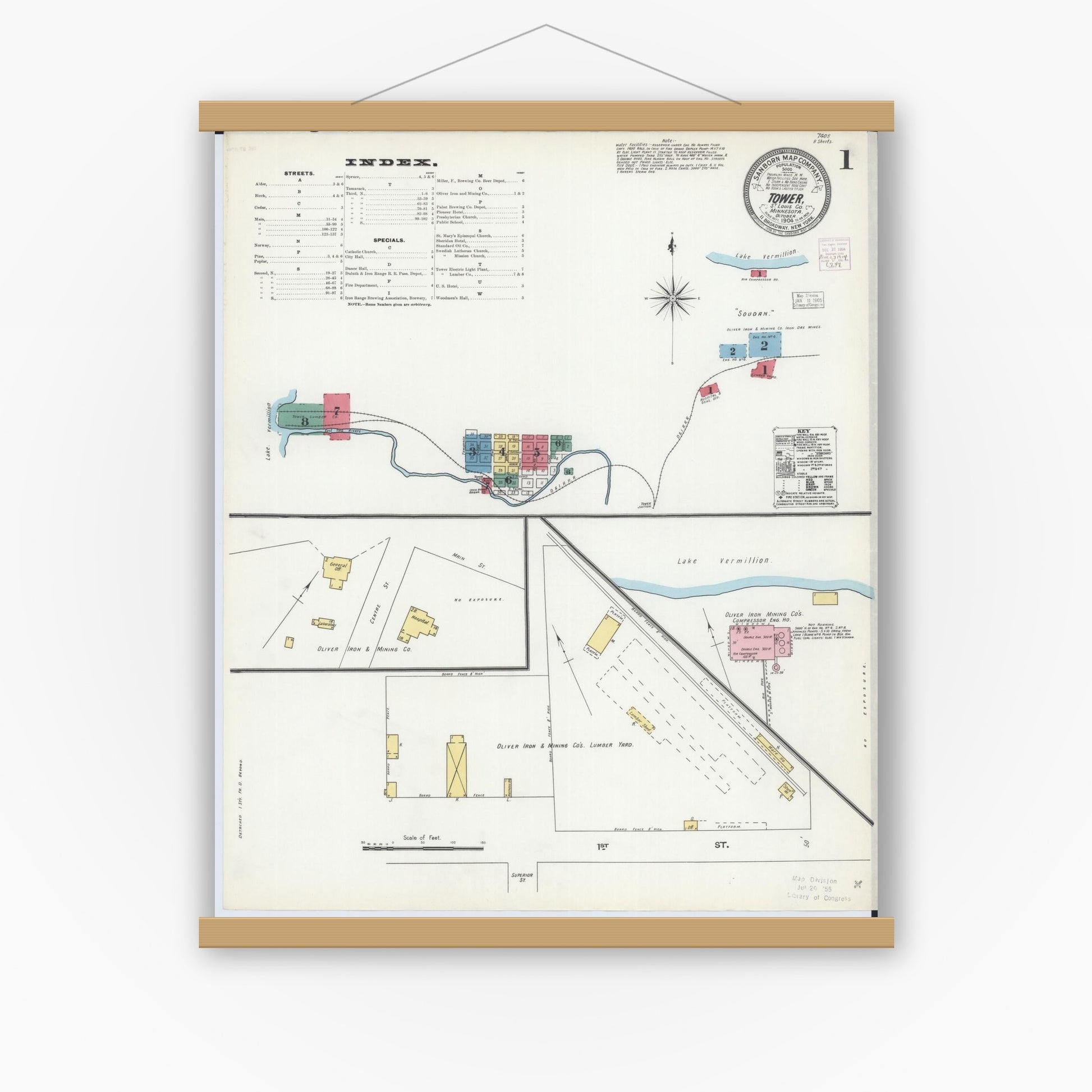 Old map wall art mockup — magnetic wood frame on white wall — Sanborn Fire Insurance Map from Tower, Saint Louis County, Minnesota (1904), Sheet #0001