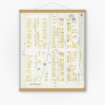 Old map wall art mockup — magnetic wood frame on white wall — Sanborn Fire Insurance Map from Corning, Steuben County, New York (1903), Sheet #0005