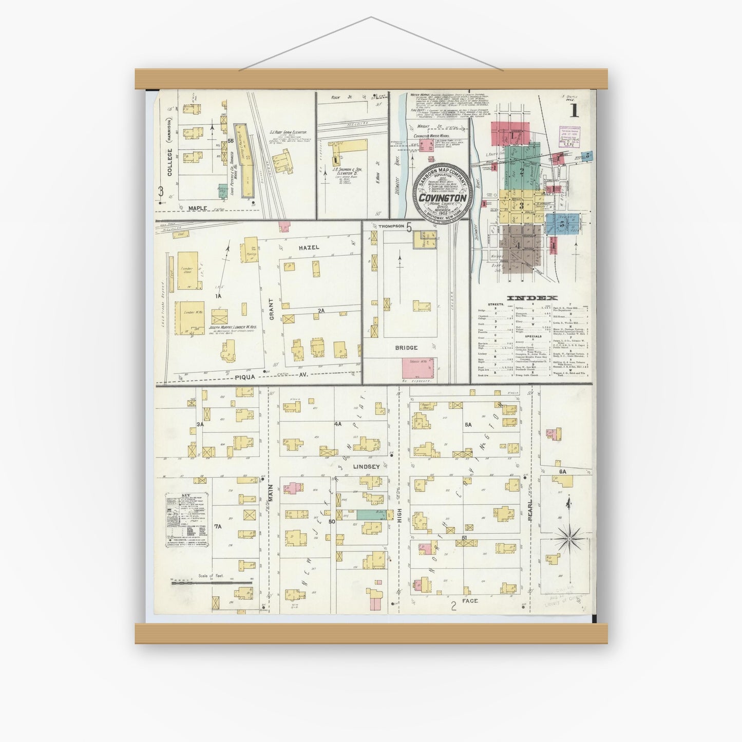 Old map wall art mockup — magnetic wood frame on white wall — Sanborn Fire Insurance Map from Covington, Miami County, Ohio (1905) - Complete Map Set