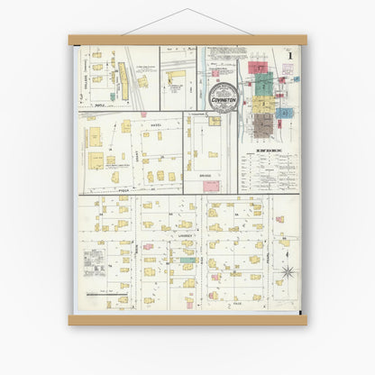 Old map wall art mockup — magnetic wood frame on white wall — Sanborn Fire Insurance Map from Covington, Miami County, Ohio (1905) - Complete Map Set