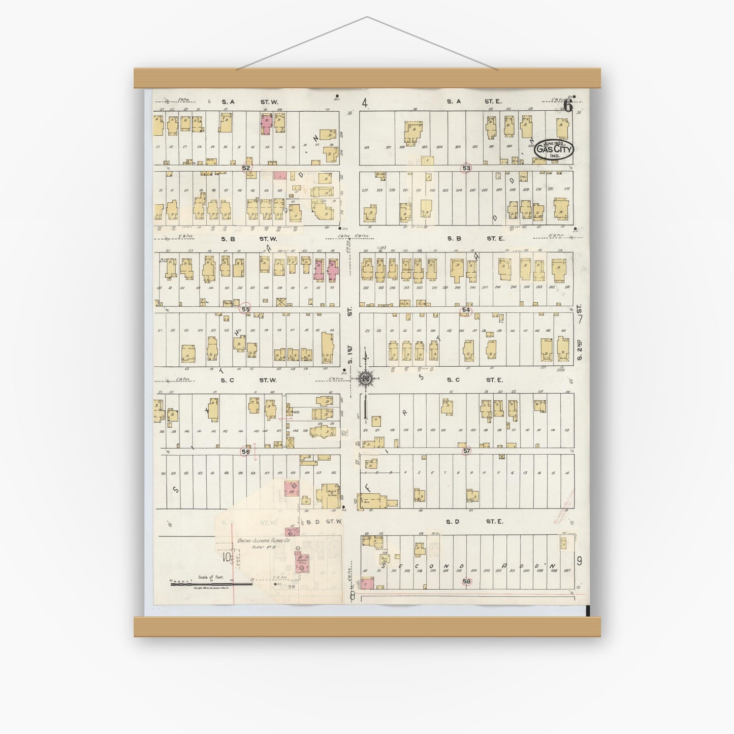 Old map wall art mockup — magnetic wood frame on white wall — Sanborn Fire Insurance Map from Gas City, Grant County, Indiana (1932), Sheet #0006
