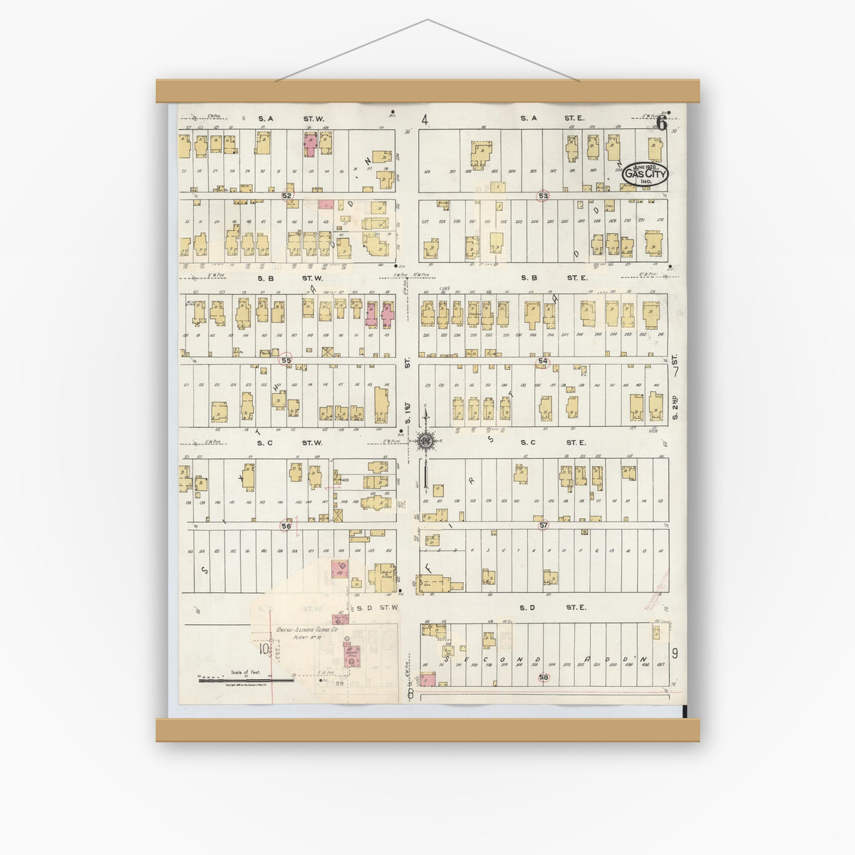Old map wall art mockup — magnetic wood frame on white wall — Sanborn Fire Insurance Map from Gas City, Grant County, Indiana (1932), Sheet #0006