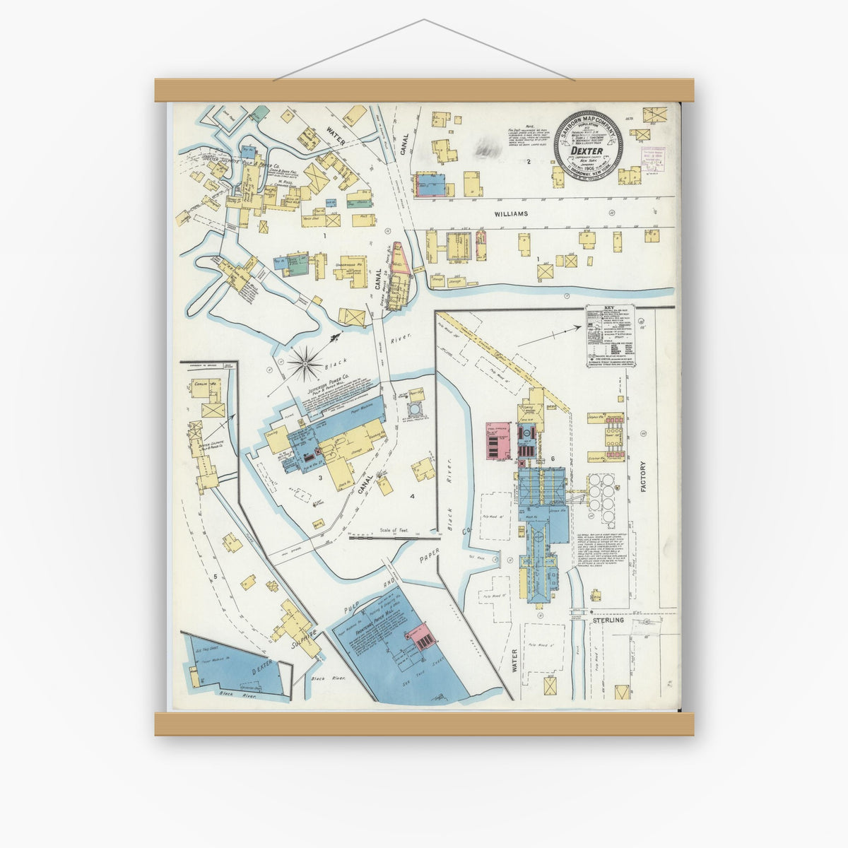 Old map wall art mockup — magnetic wood frame on white wall — Sanborn Fire Insurance Map from Dexter, Jefferson County, New York (1906), Sheet #0001