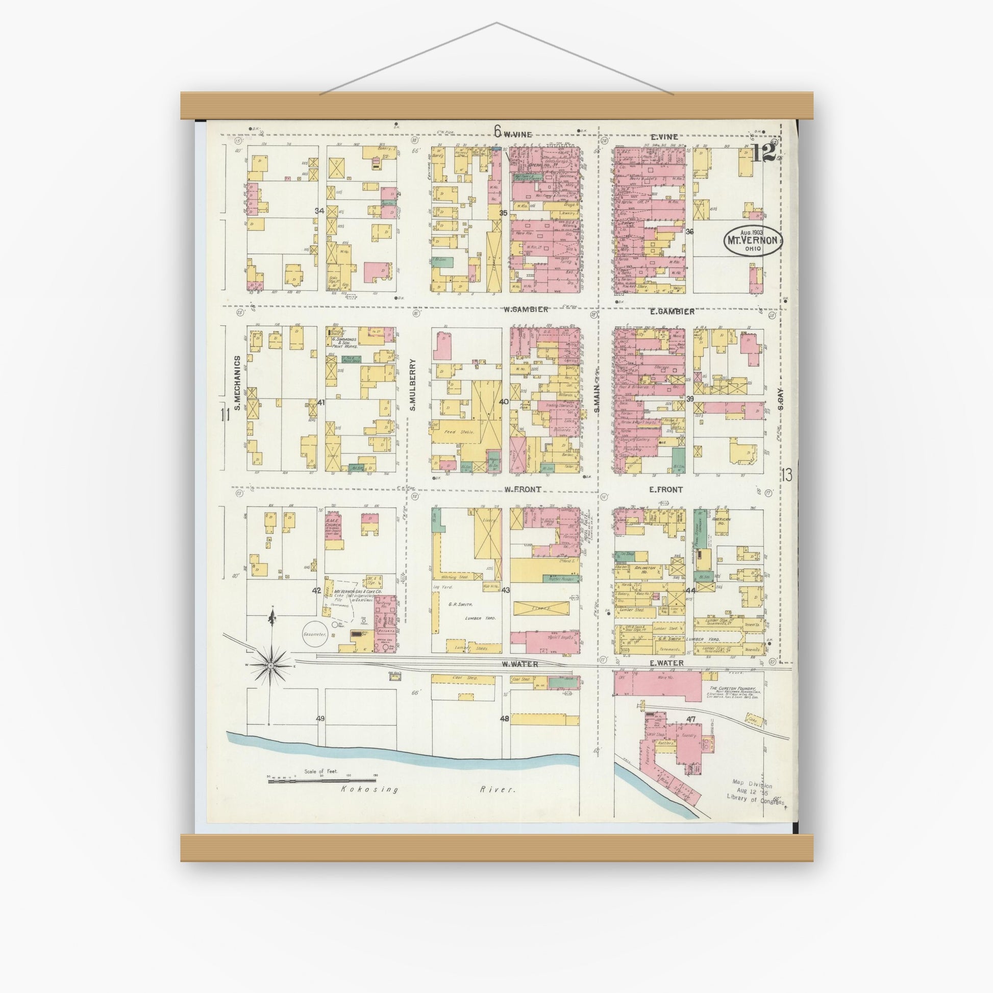 Old map wall art mockup — magnetic wood frame on white wall — Sanborn Fire Insurance Map from Mount Vernon, Knox County, Ohio (1903), Sheet #0012