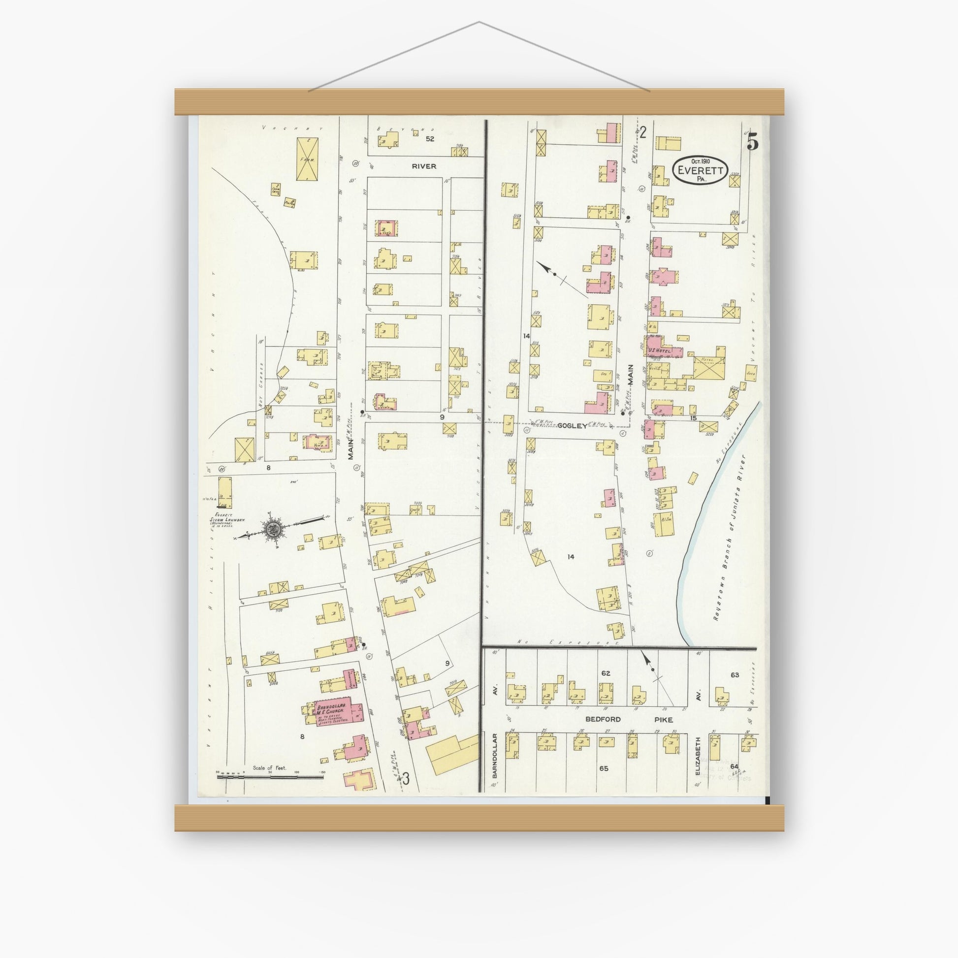 Old map wall art mockup — magnetic wood frame on white wall — Sanborn Fire Insurance Map from Everett, Bedford County, Pennsylvania (1910), Sheet #0005