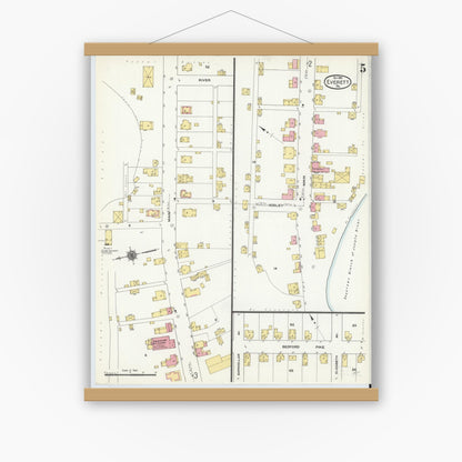 Old map wall art mockup — magnetic wood frame on white wall — Sanborn Fire Insurance Map from Everett, Bedford County, Pennsylvania (1910), Sheet #0005