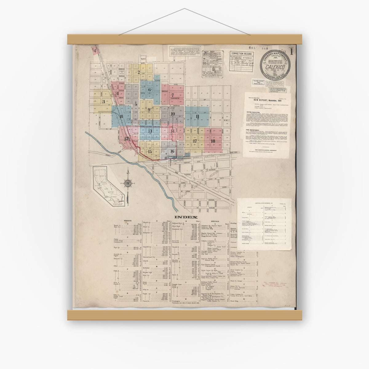 Old map wall art mockup — magnetic wood frame on white wall — Sanborn Fire Insurance Map from Calexico, Imperial County, California (1949) - Complete Map Set