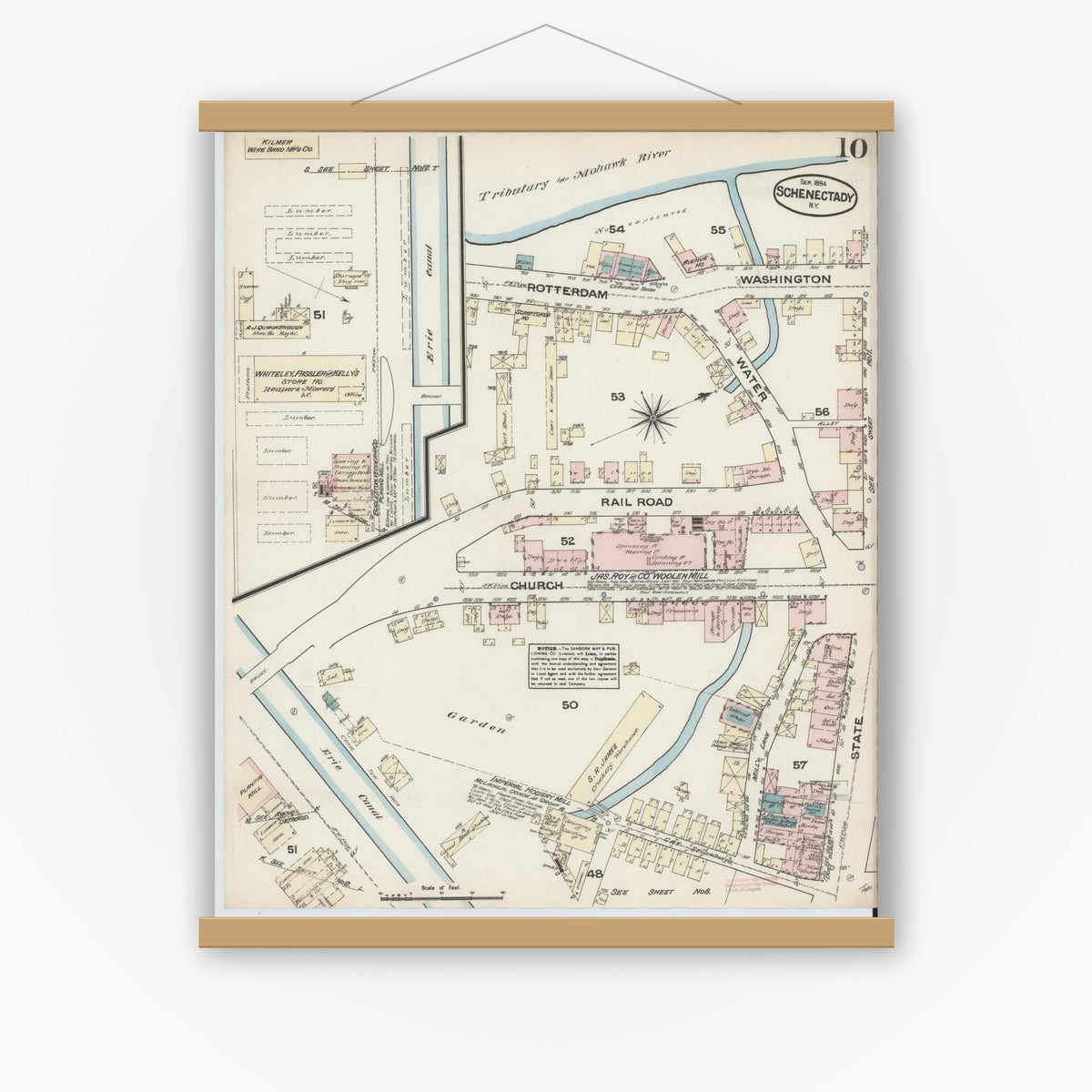 Old map wall art mockup — magnetic wood frame on white wall — Sanborn Fire Insurance Map from Schenectady, Schenectady County, New York (1884), Sheet #0010