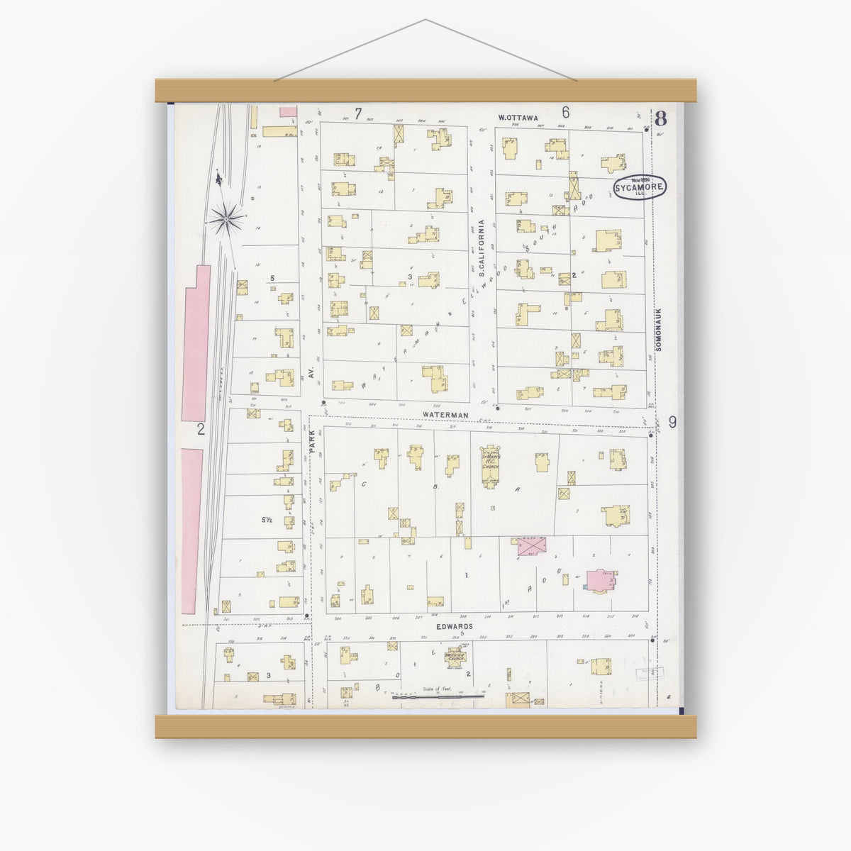 Old map wall art mockup — magnetic wood frame on white wall — Sanborn Fire Insurance Map from Sycamore, De Kalb County, Illinois (1896), Sheet #0008