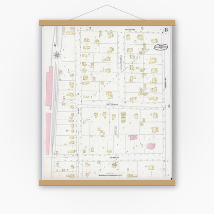 Old map wall art mockup — magnetic wood frame on white wall — Sanborn Fire Insurance Map from Sycamore, De Kalb County, Illinois (1896), Sheet #0008