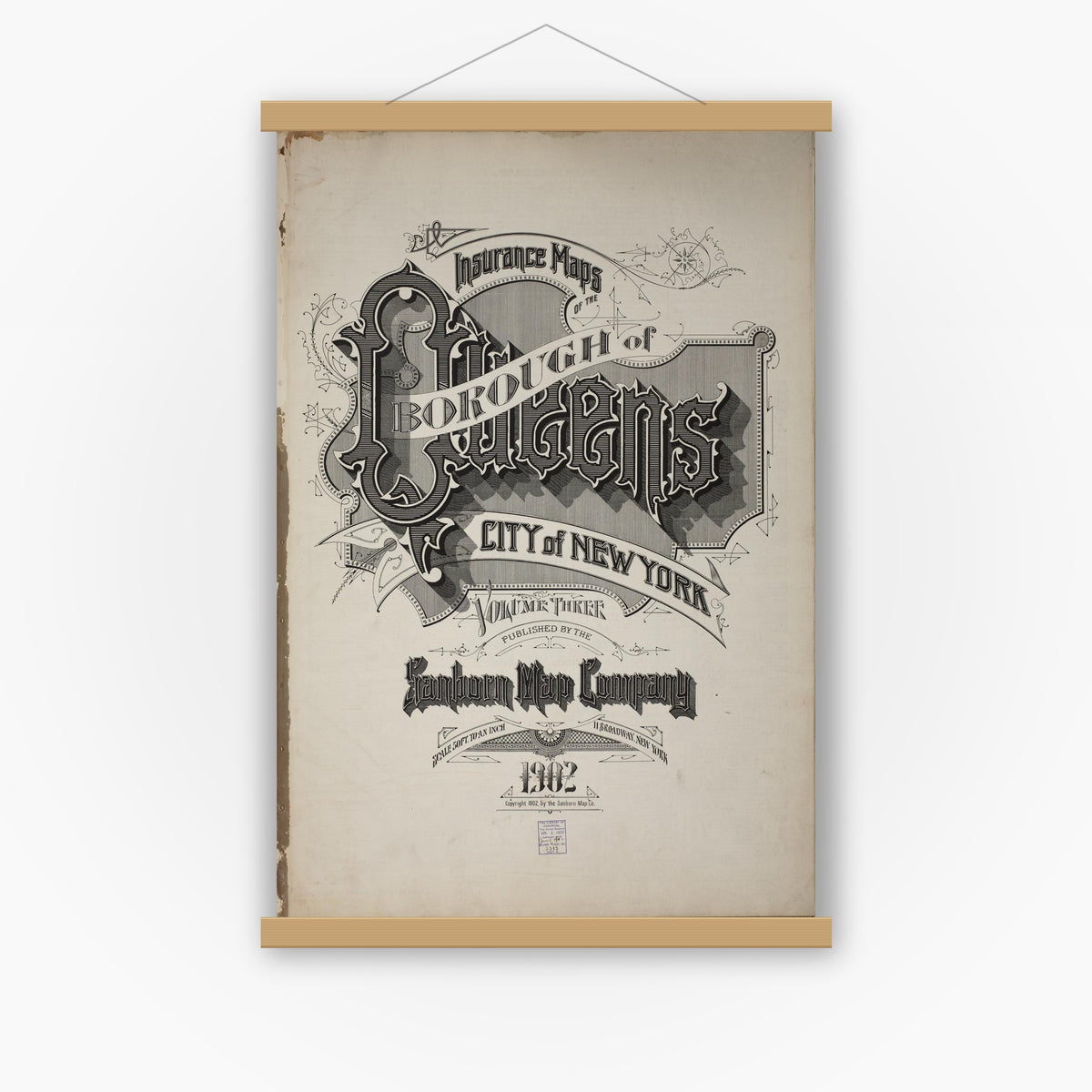 Old map wall art mockup — magnetic wood frame on white wall — Sanborn Fire Insurance Map from Queens, Queens County, New York (1902), Sheet #0001