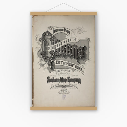 Old map wall art mockup — magnetic wood frame on white wall — Sanborn Fire Insurance Map from Queens, Queens County, New York (1902), Sheet #0001