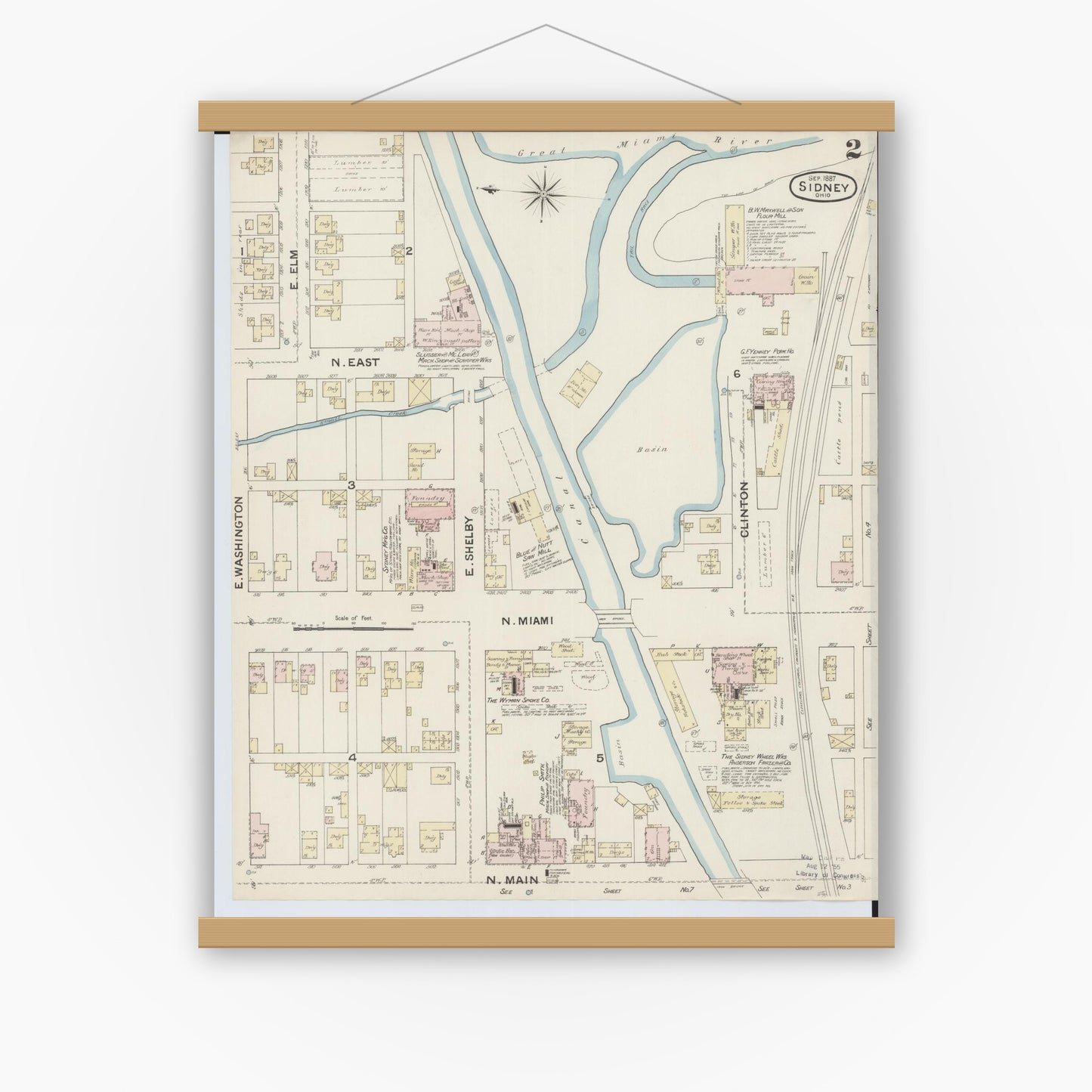 Old map wall art mockup — magnetic wood frame on white wall — Sanborn Fire Insurance Map from Sidney, Shelby County, Ohio (1887), Sheet #0002