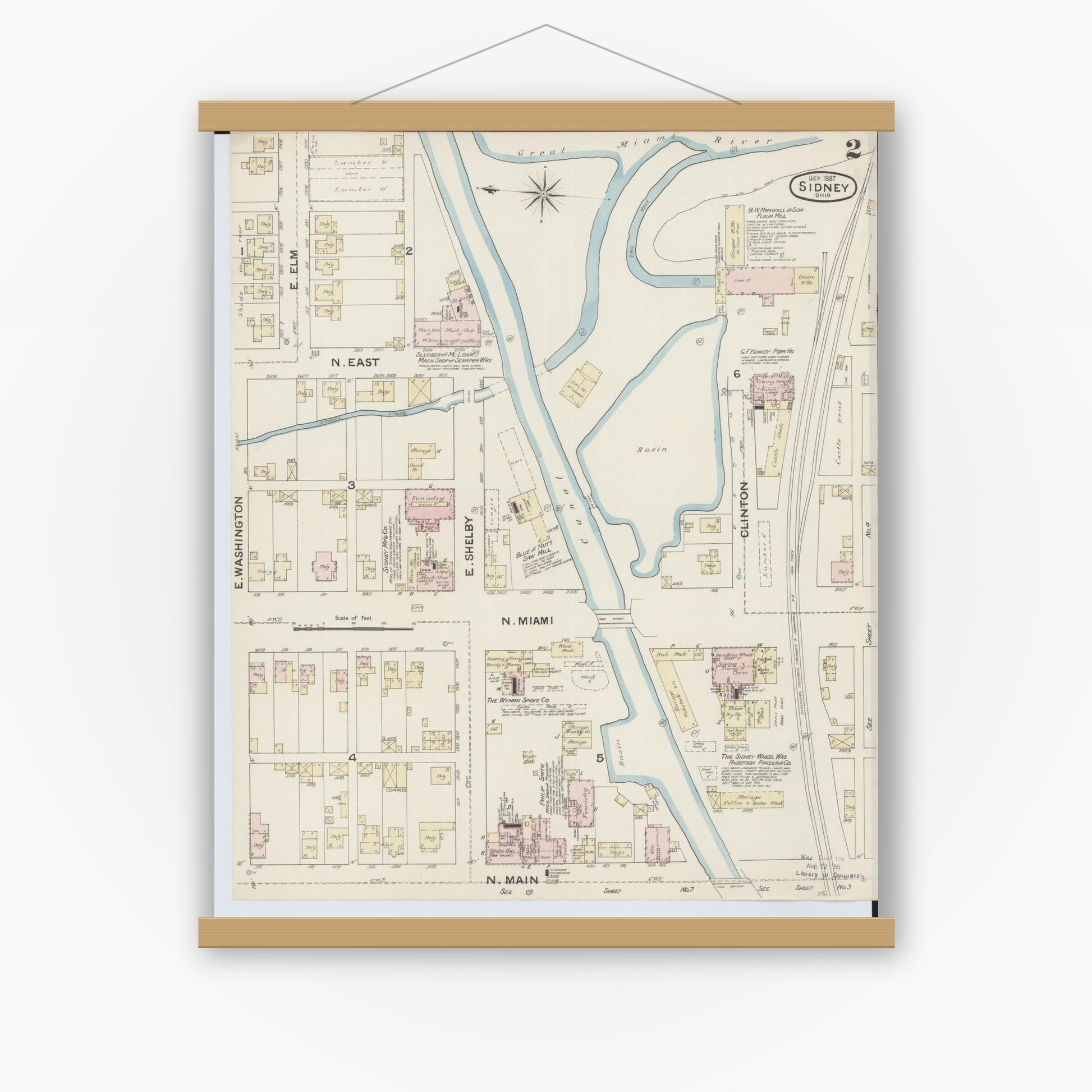 Old map wall art mockup — magnetic wood frame on white wall — Sanborn Fire Insurance Map from Sidney, Shelby County, Ohio (1887), Sheet #0002