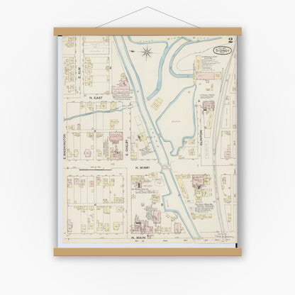 Old map wall art mockup — magnetic wood frame on white wall — Sanborn Fire Insurance Map from Sidney, Shelby County, Ohio (1887), Sheet #0002