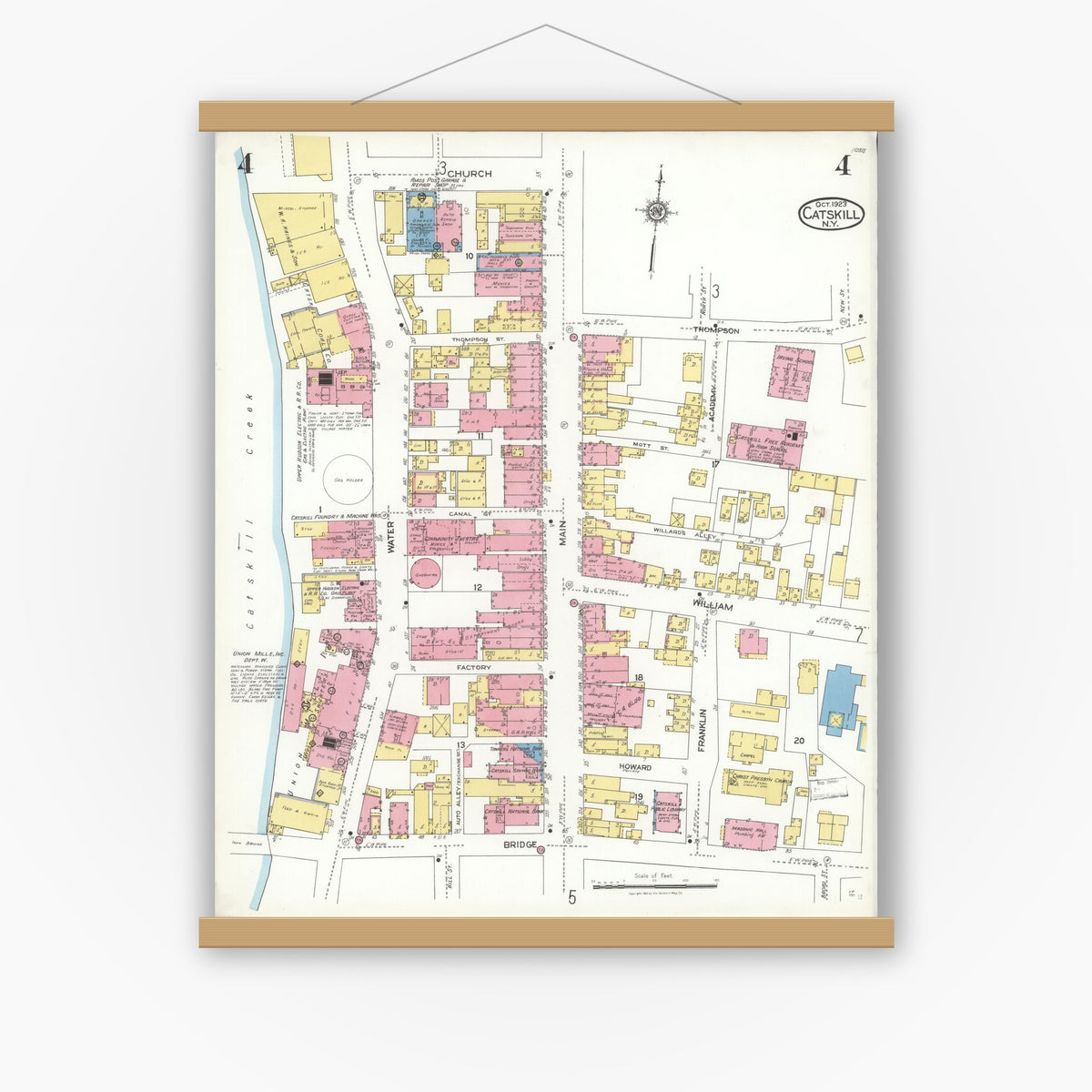 Old map wall art mockup — magnetic wood frame on white wall — Sanborn Fire Insurance Map from Catskill, Greene County, New York (1923), Sheet #0004