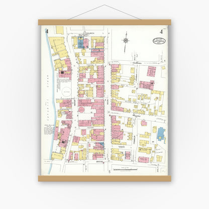 Old map wall art mockup — magnetic wood frame on white wall — Sanborn Fire Insurance Map from Catskill, Greene County, New York (1923), Sheet #0004