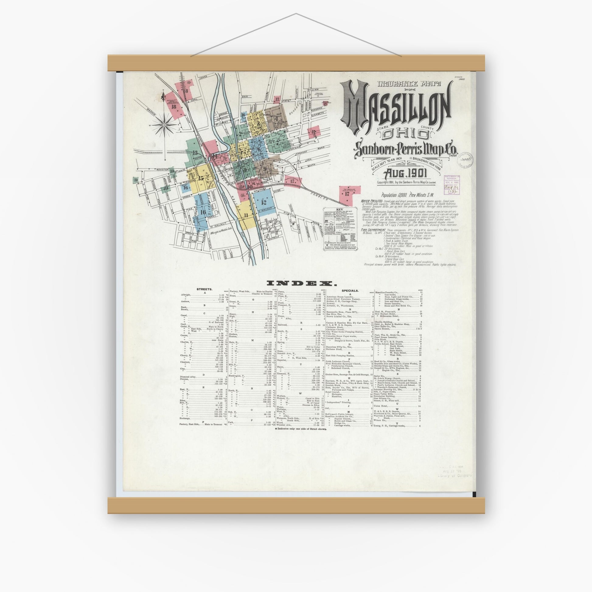 Old map wall art mockup — magnetic wood frame on white wall — Sanborn Fire Insurance Map from Massillon, Stark County, Ohio (1901), Sheet #0001