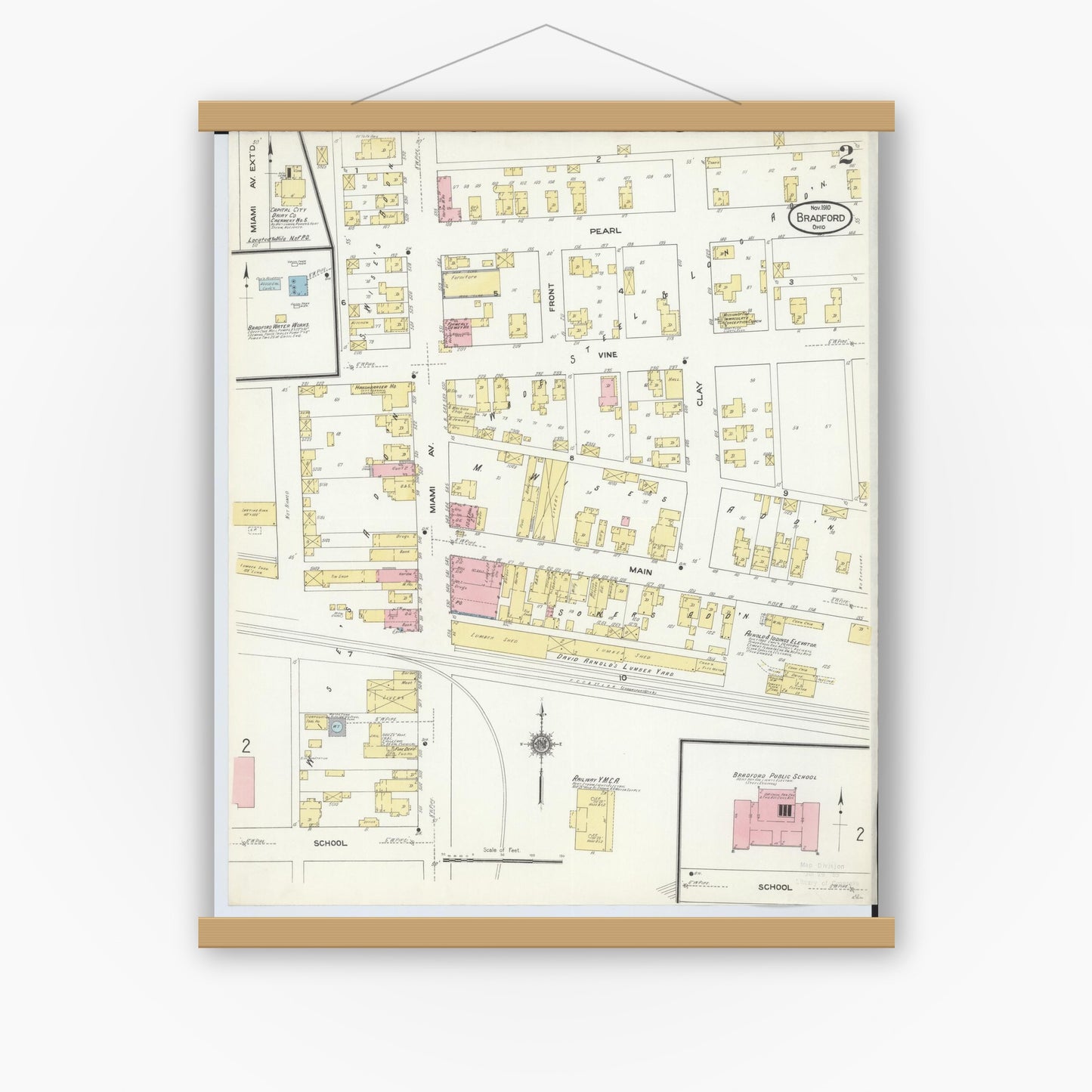 Old map wall art mockup — magnetic wood frame on white wall — Sanborn Fire Insurance Map from Bradford, Darke and Miami Counties, Ohio (1910), Sheet #0002