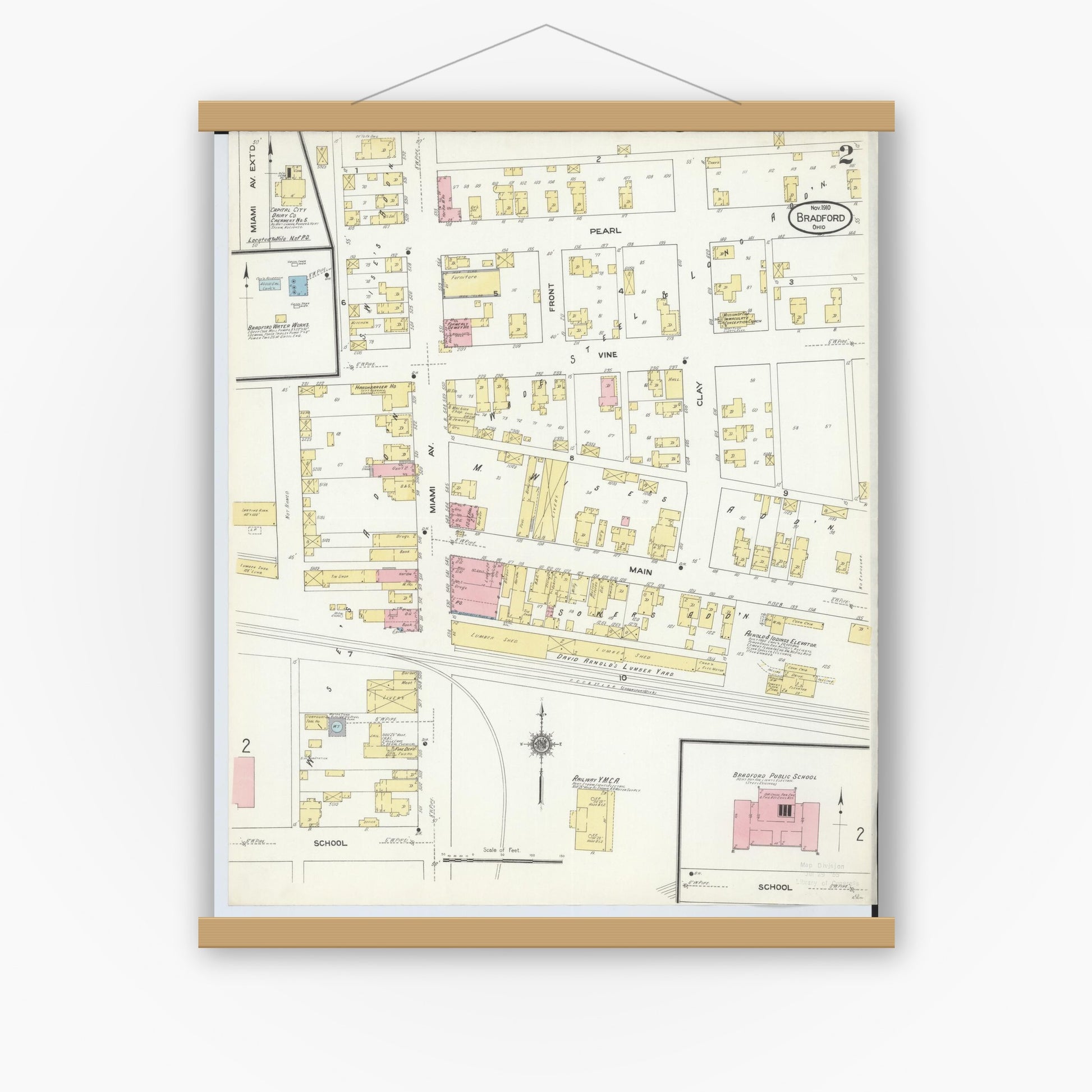 Old map wall art mockup — magnetic wood frame on white wall — Sanborn Fire Insurance Map from Bradford, Darke and Miami Counties, Ohio (1910), Sheet #0002