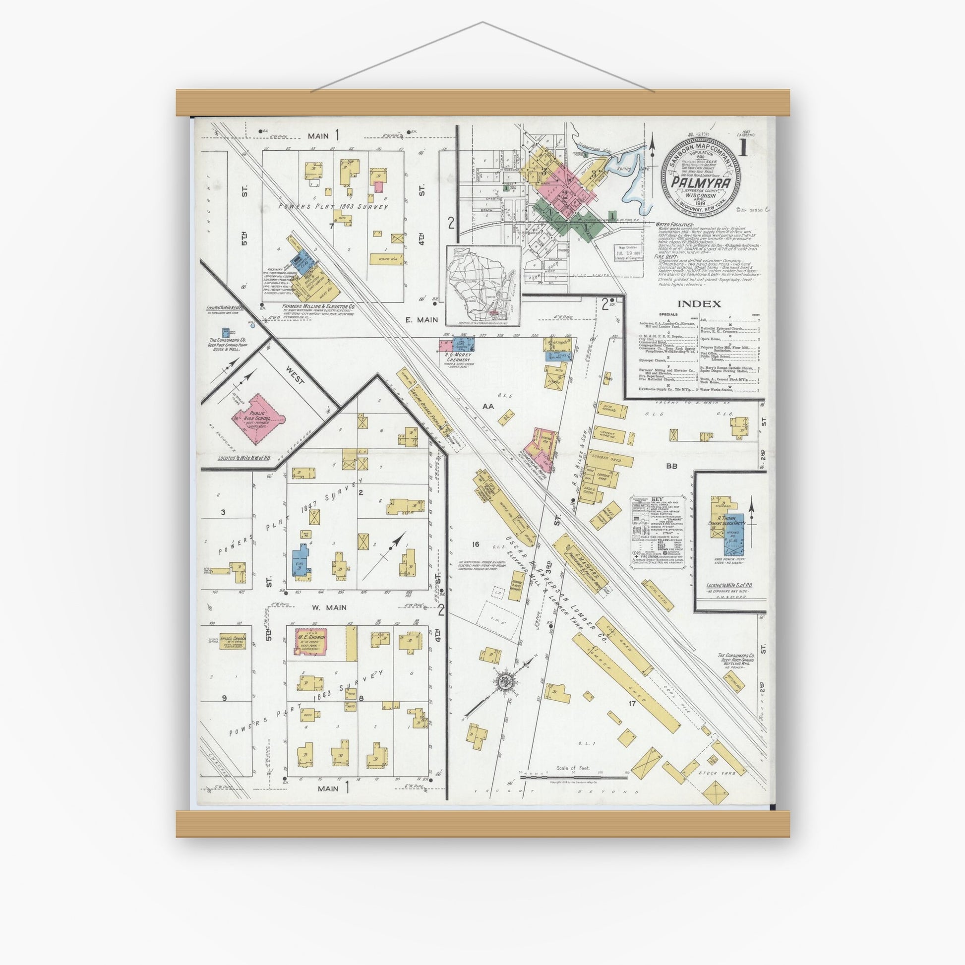 Old map wall art mockup — magnetic wood frame on white wall — Sanborn Fire Insurance Map from Palmyra, Jefferson County, Wisconsin (1919), Sheet #0001
