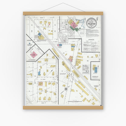 Old map wall art mockup — magnetic wood frame on white wall — Sanborn Fire Insurance Map from Palmyra, Jefferson County, Wisconsin (1919), Sheet #0001
