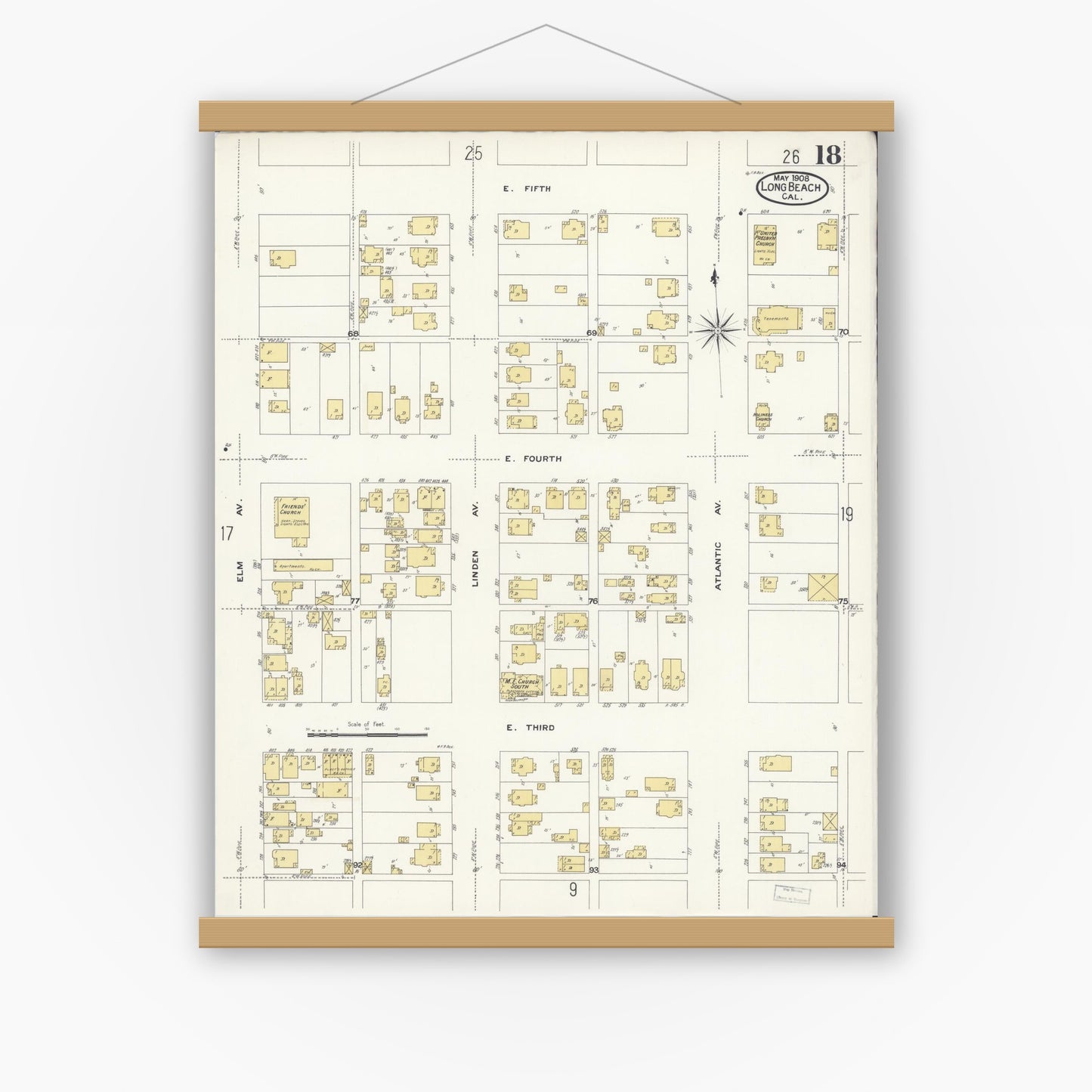 Old map wall art mockup — magnetic wood frame on white wall — Sanborn Fire Insurance Map from Long Beach, Los Angeles County, California (1908), Sheet #0018