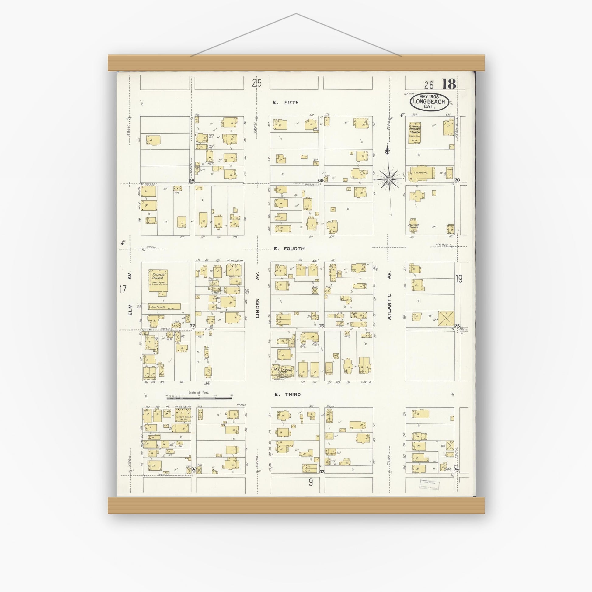 Old map wall art mockup — magnetic wood frame on white wall — Sanborn Fire Insurance Map from Long Beach, Los Angeles County, California (1908), Sheet #0018