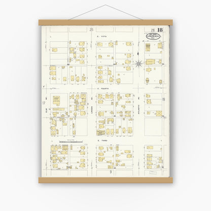 Old map wall art mockup — magnetic wood frame on white wall — Sanborn Fire Insurance Map from Long Beach, Los Angeles County, California (1908), Sheet #0018