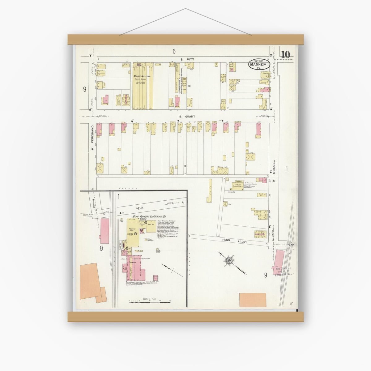 Old map wall art mockup — magnetic wood frame on white wall — Sanborn Fire Insurance Map from Manheim, Lancaster County, Pennsylvania (1912), Sheet #0010