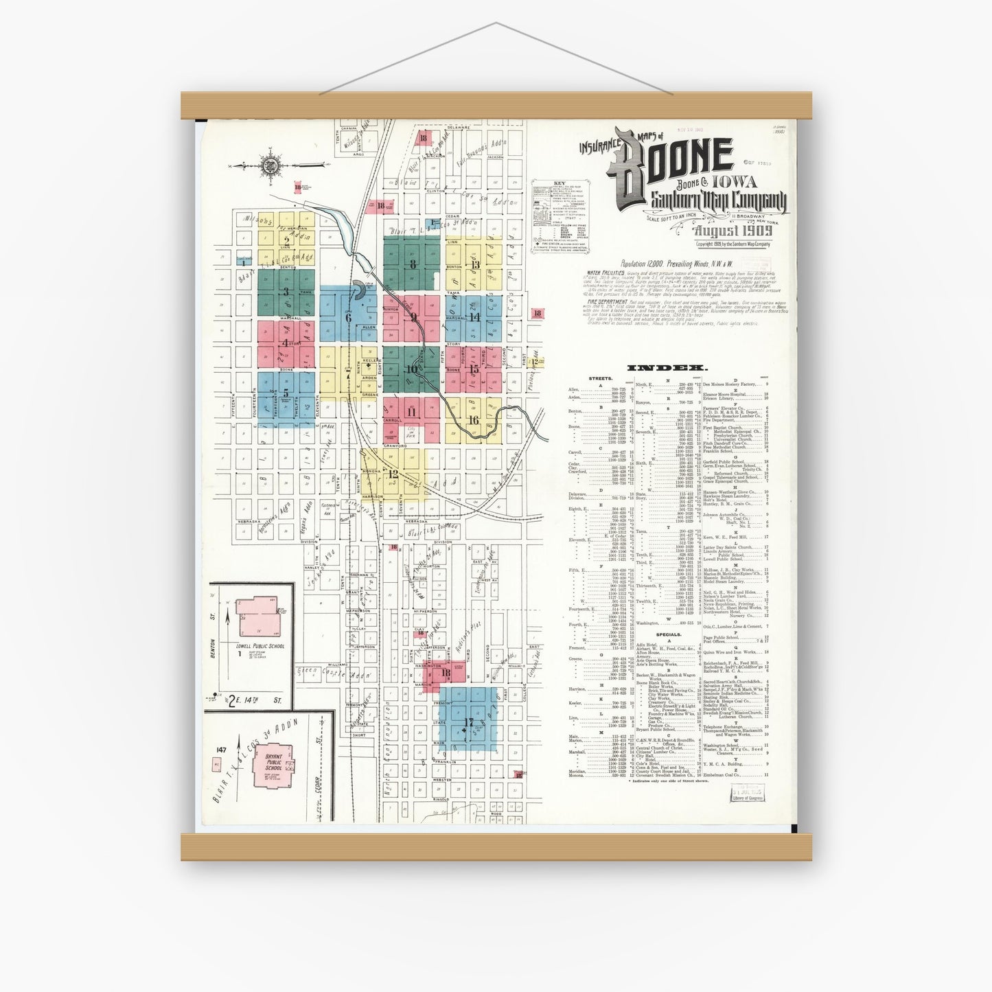 Old map wall art mockup — magnetic wood frame on white wall — Sanborn Fire Insurance Map from Boone, Boone County, Iowa (1909) â€” Complete Set