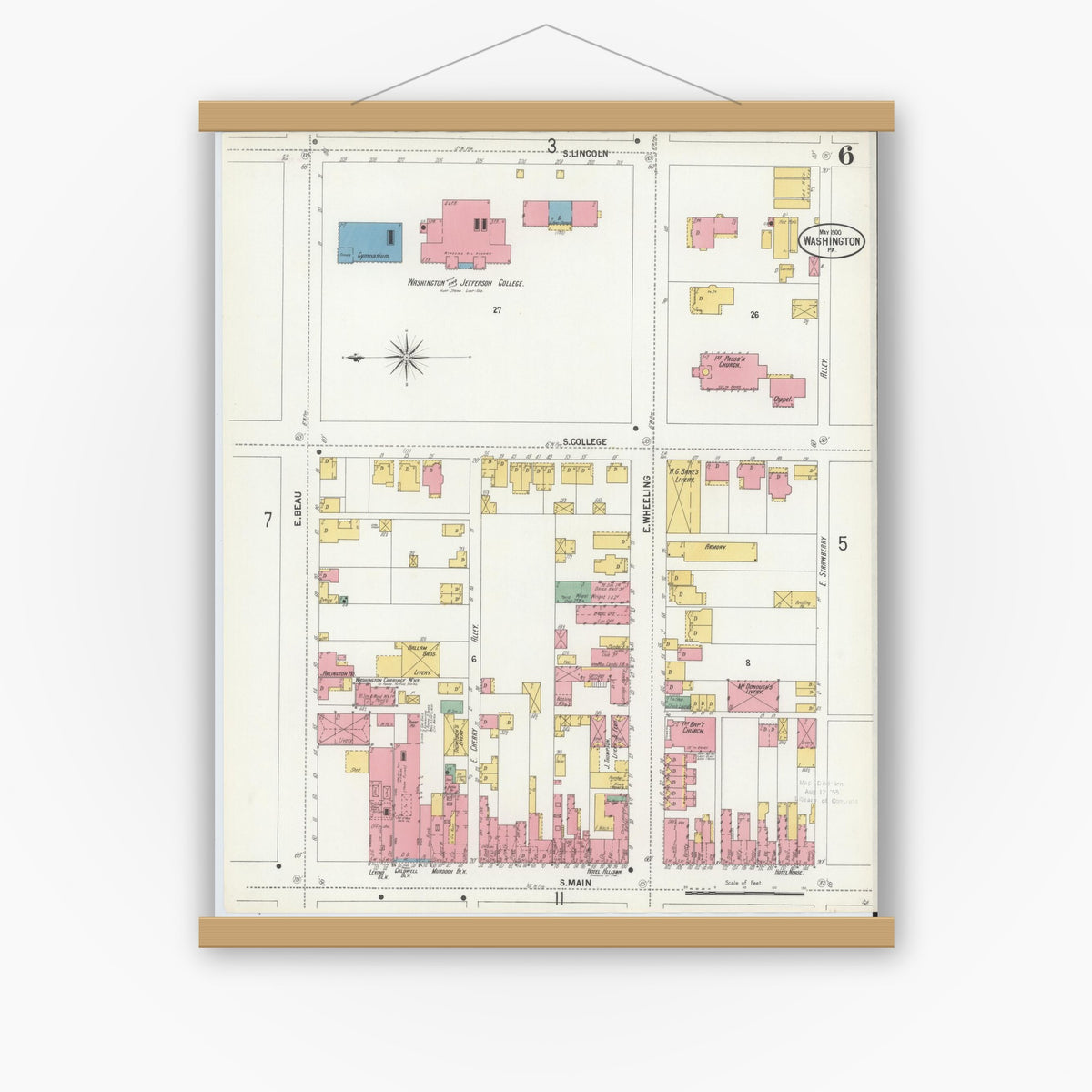 Old map wall art mockup — magnetic wood frame on white wall — Sanborn Fire Insurance Map from Washington, Washington County, Pennsylvania (1900), Sheet #0006
