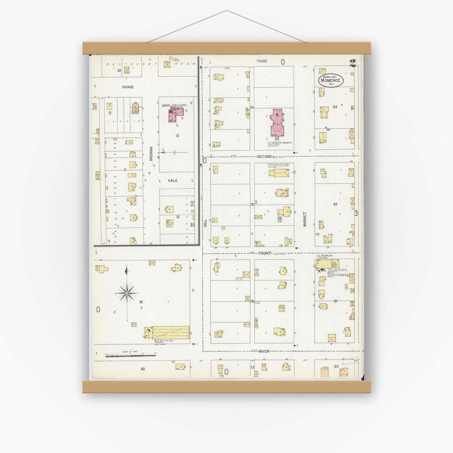 Old map wall art mockup — magnetic wood frame on white wall — Sanborn Fire Insurance Map from Momence, Kankakee County, Illinois (1907), Sheet #0002