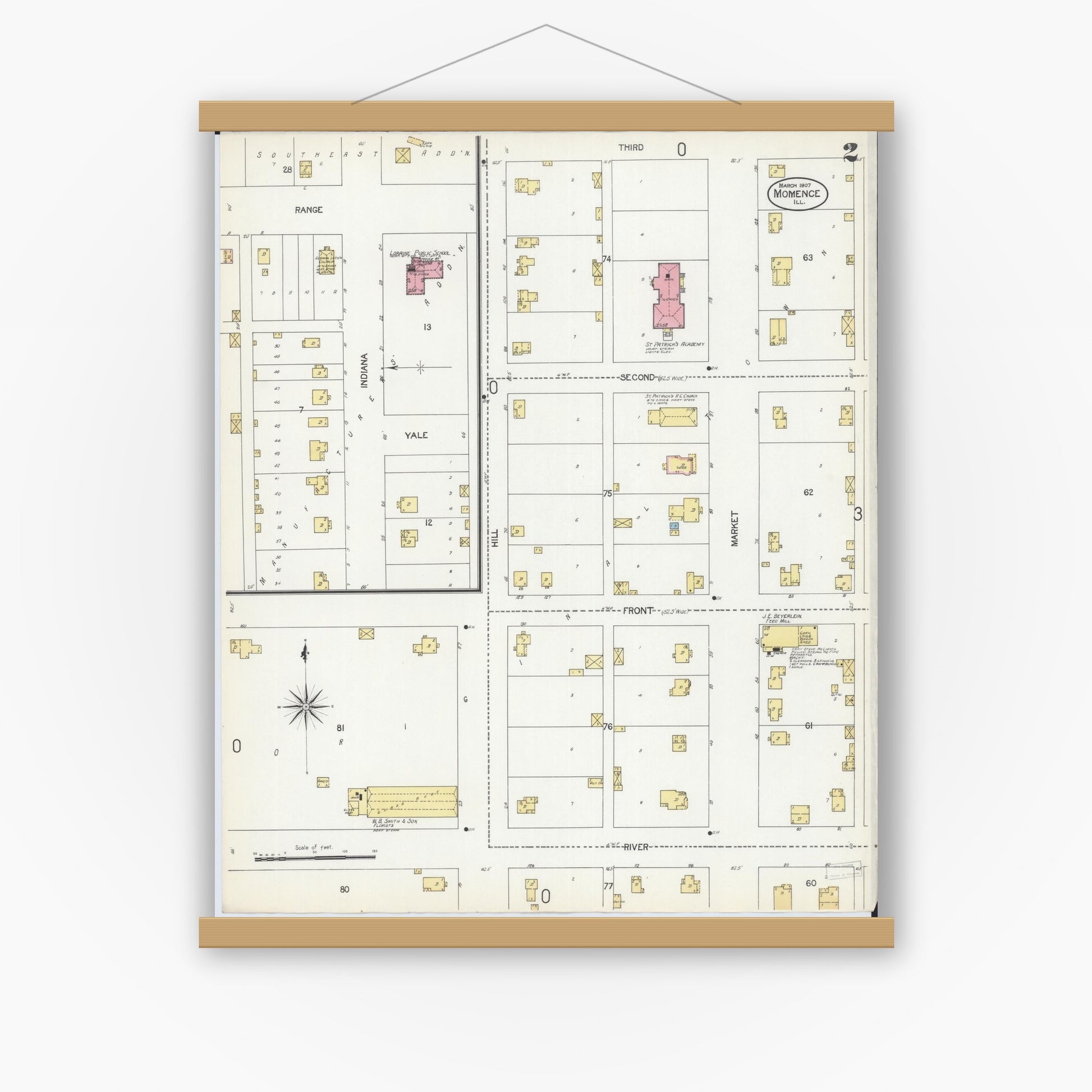 Old map wall art mockup — magnetic wood frame on white wall — Sanborn Fire Insurance Map from Momence, Kankakee County, Illinois (1907), Sheet #0002