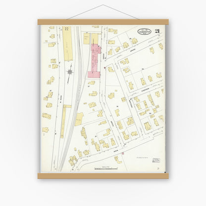 Old map wall art mockup — magnetic wood frame on white wall — Sanborn Fire Insurance Map from Leominster, Worcester County, Massachusetts (1912), Sheet #0021
