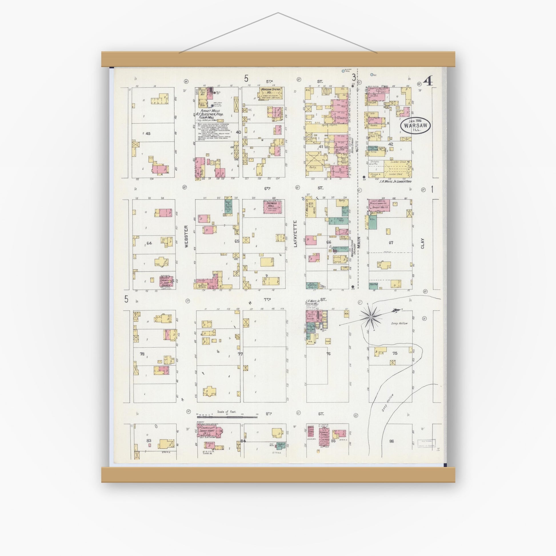 Old map wall art mockup — magnetic wood frame on white wall — Sanborn Fire Insurance Map from Warsaw, Hancock County, Illinois (1906), Sheet #0004