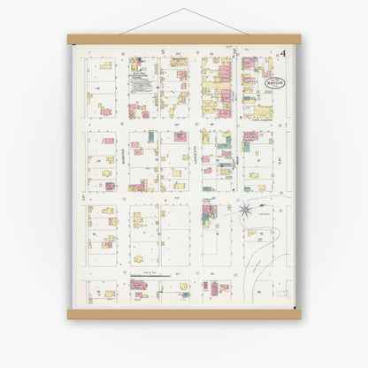 Old map wall art mockup — magnetic wood frame on white wall — Sanborn Fire Insurance Map from Warsaw, Hancock County, Illinois (1906), Sheet #0004