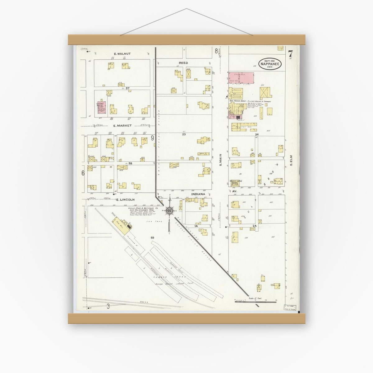 Old map wall art mockup — magnetic wood frame on white wall — Sanborn Fire Insurance Map from Nappanee, Elkhart County, Indiana (1910), Sheet #0007