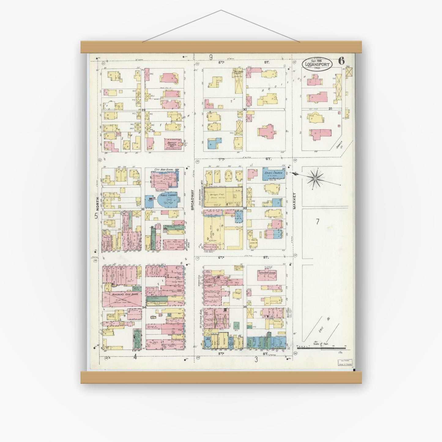 Old map wall art mockup — magnetic wood frame on white wall — Sanborn Fire Insurance Map from Logansport, Cass County, Indiana (1906), Sheet #0006