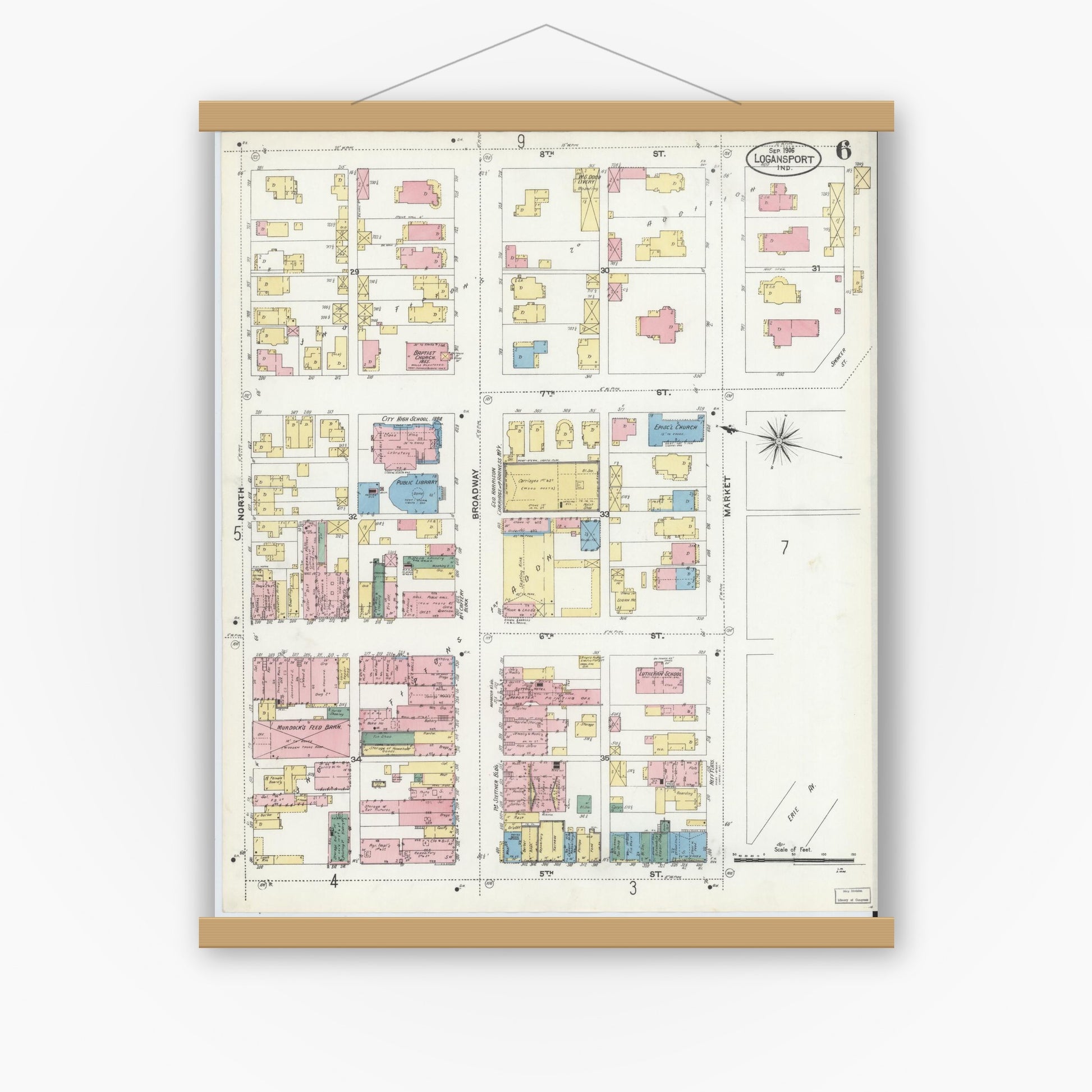 Old map wall art mockup — magnetic wood frame on white wall — Sanborn Fire Insurance Map from Logansport, Cass County, Indiana (1906), Sheet #0006
