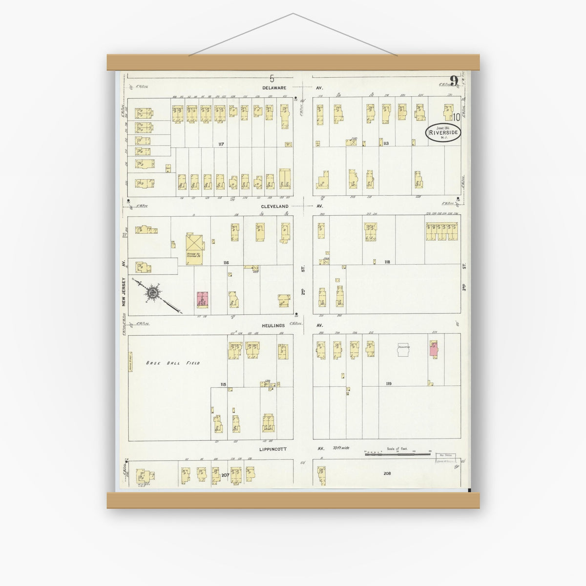 Old map wall art mockup — magnetic wood frame on white wall — Sanborn Fire Insurance Map from Riverside, Burlington County, New Jersey (1911), Sheet #0009
