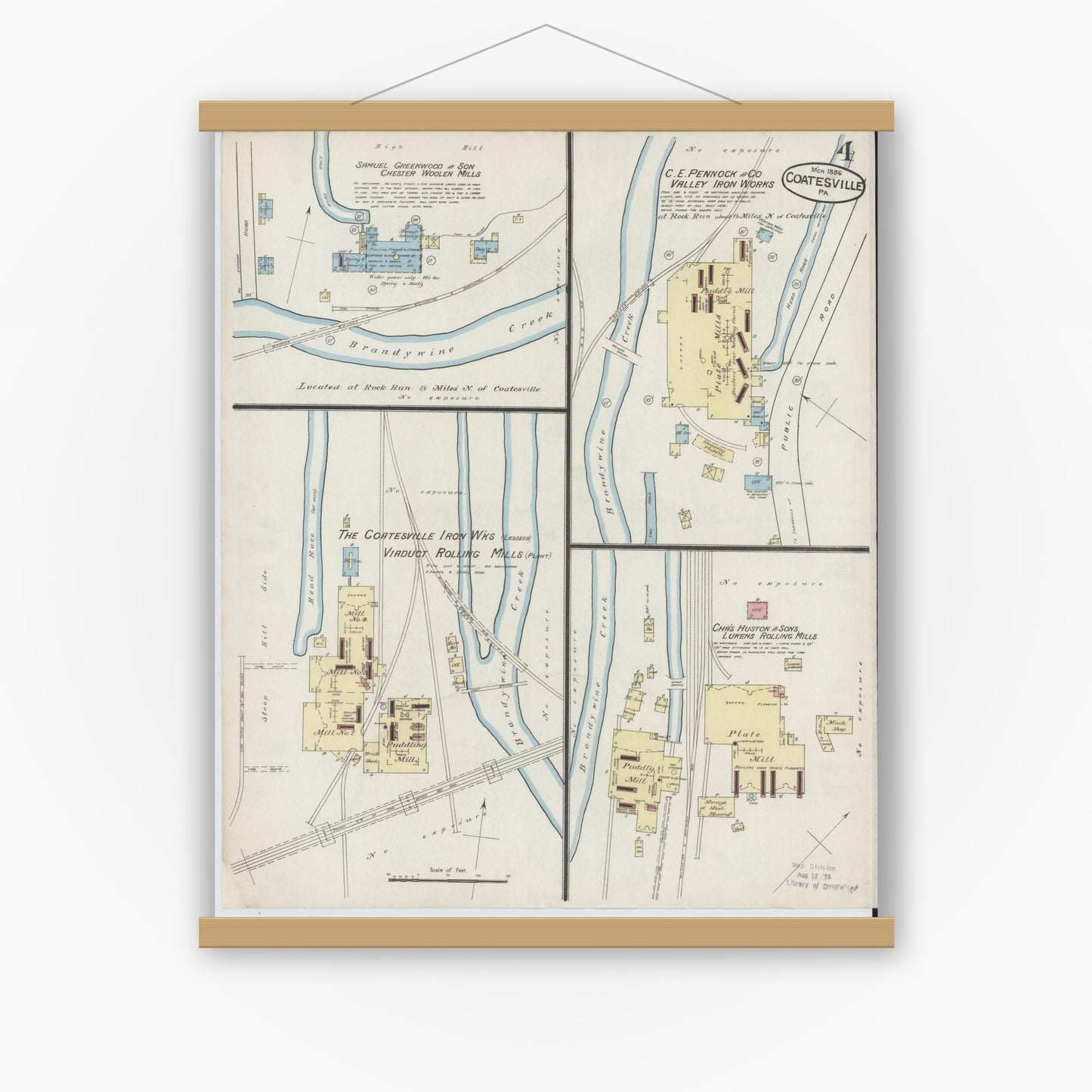 Old map wall art mockup — magnetic wood frame on white wall — Sanborn Fire Insurance Map from Coatesville, Chester County, Pennsylvania (1886), Sheet #0004
